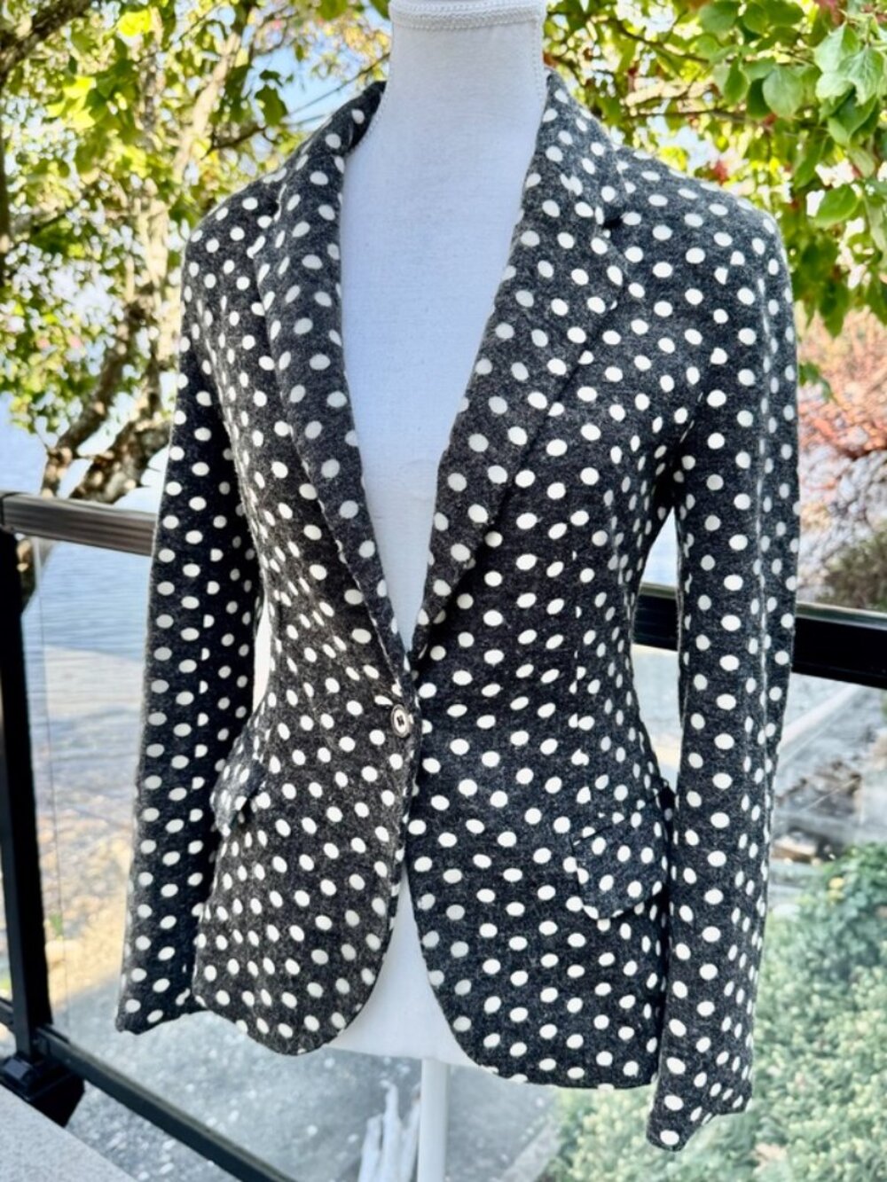 Anthro Cartonnier Heathered Grey w Cream Polka Dots Fitted Blazer XS